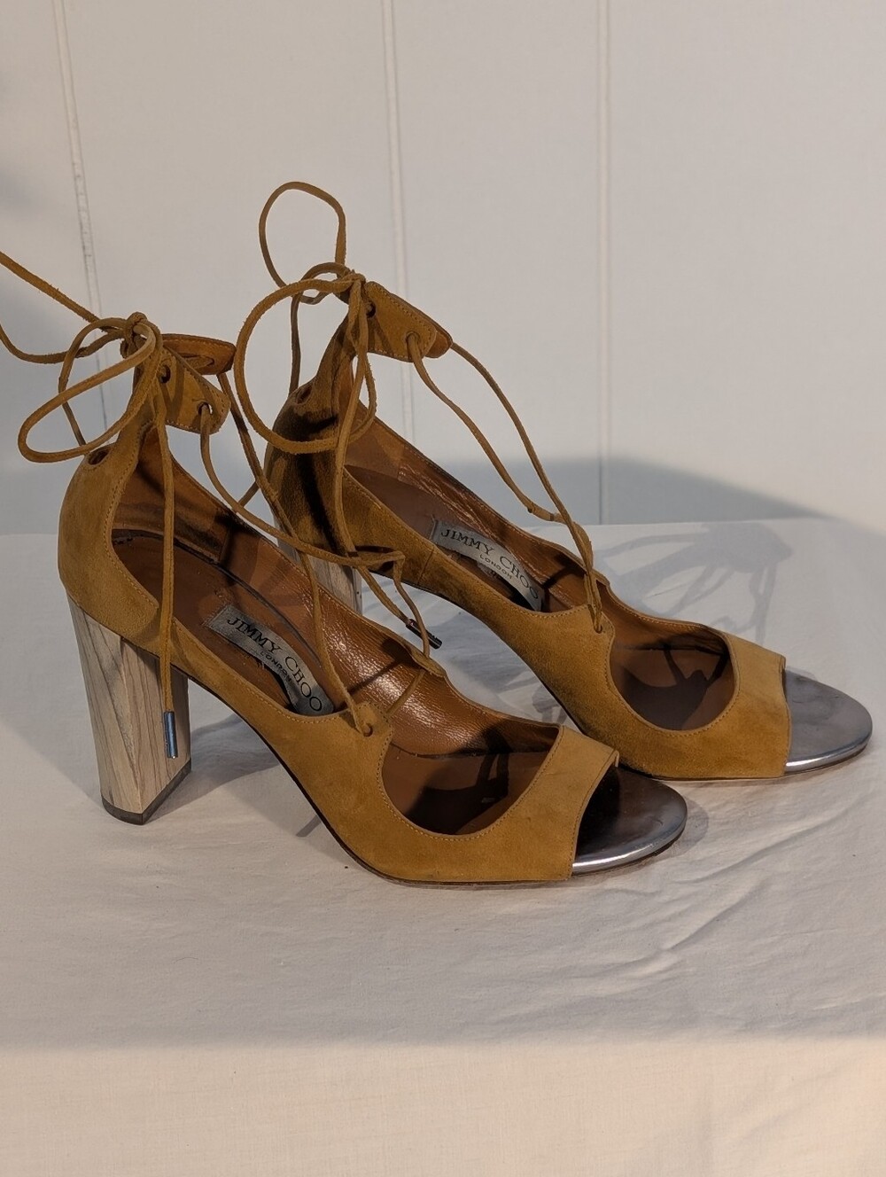 Jimmy Choo Tan Suede Lace-Up Block Heel Sandals